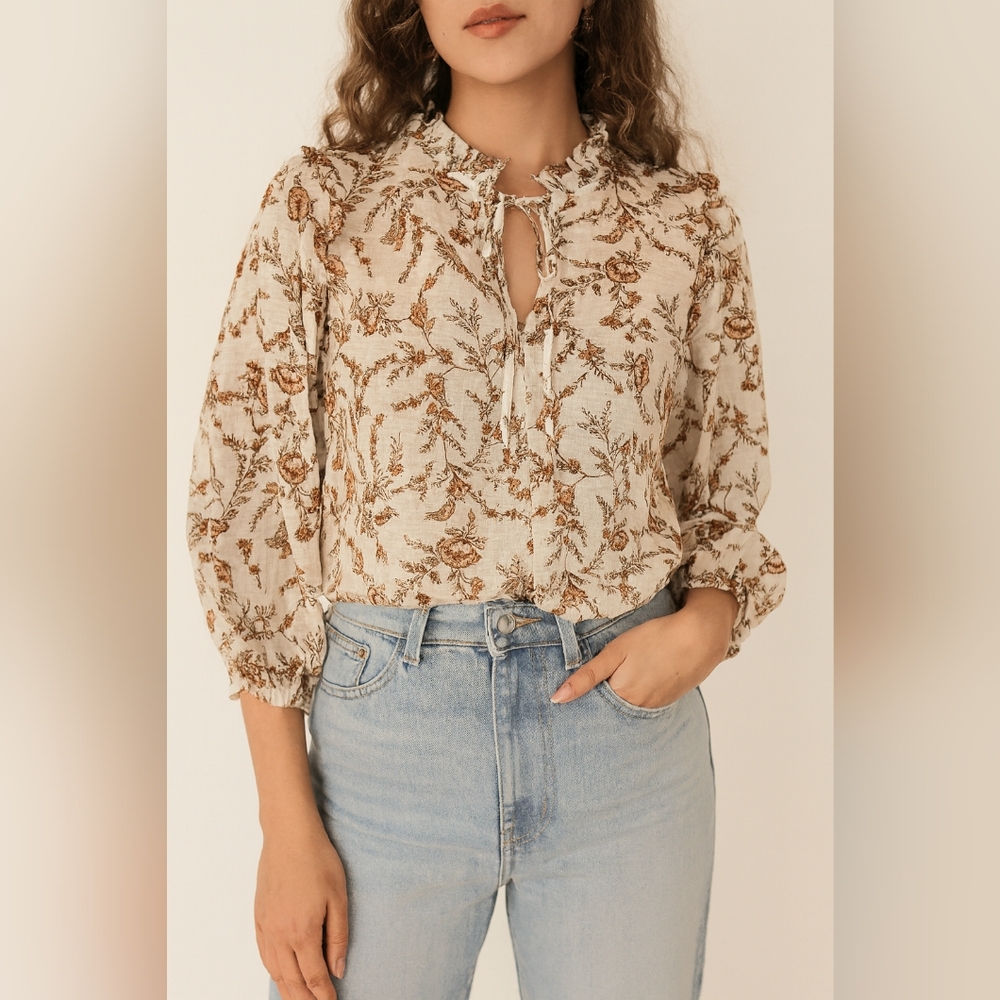 By The River Women’s Boho Floral Long Sleeve  Ruffle Neck Tie  Top Size Medium
